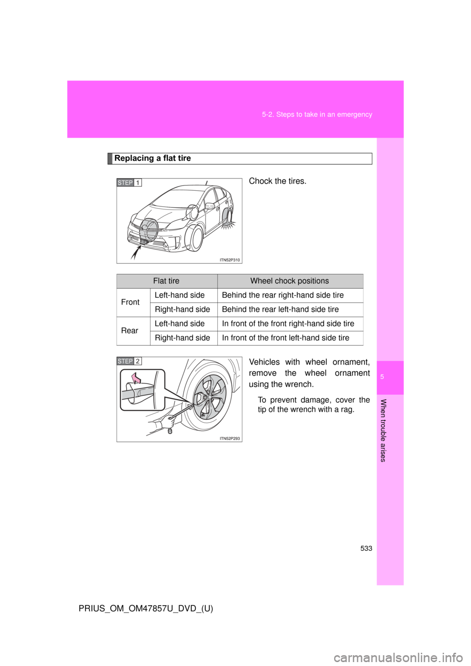 TOYOTA PRIUS 2014 3.G Owners Manual 5
When trouble arises
533
5-2. Steps to take in an emergency
PRIUS_OM_OM47857U_DVD_(U)
Replacing a flat tire
Chock the tires.
Vehicles with wheel ornament,
remove the wheel ornament
using the wrench.
