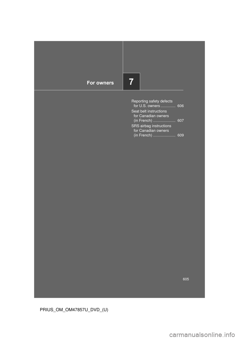 TOYOTA PRIUS 2014 3.G Owners Manual For owners7
605
PRIUS_OM_OM47857U_DVD_(U)
Reporting safety defects for U.S. owners ..............  606
Seat belt instructions  for Canadian owners 
(in French) .....................  607
SRS airbag in