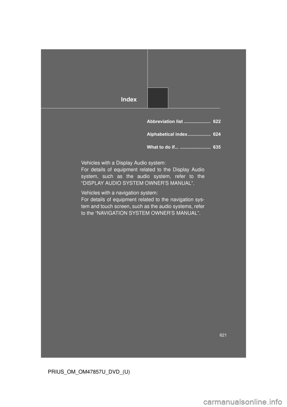 TOYOTA PRIUS 2014 3.G Owners Manual Index
621
PRIUS_OM_OM47857U_DVD_(U)
Abbreviation list ..................... 622
Alphabetical index .................. 624
What to do if... ........................ 635
Vehicles with a Display Audio TOYOTA PRIUS 2014 3.G Owners Manual Index
621
PRIUS_OM_OM47857U_DVD_(U)
Abbreviation list ..................... 622
Alphabetical index .................. 624
What to do if... ........................ 635
Vehicles with a Display Audio