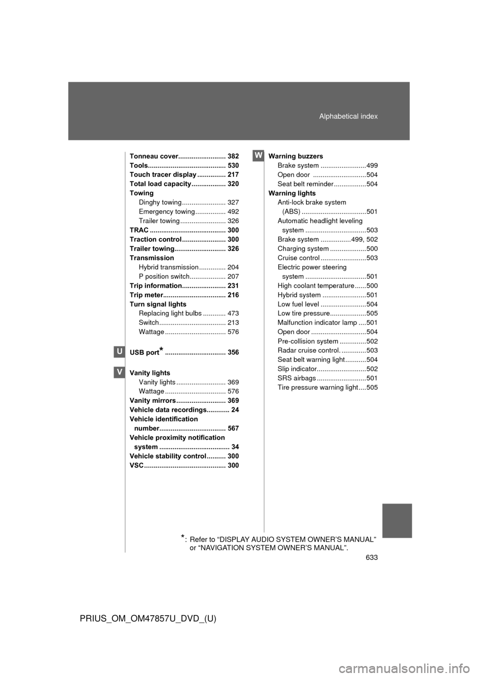 TOYOTA PRIUS 2014 3.G Owners Manual 633
Alphabetical index
PRIUS_OM_OM47857U_DVD_(U)
Tonneau cover......................... 382
Tools......................................... 530
Touch tracer display ............... 217
Total load capac