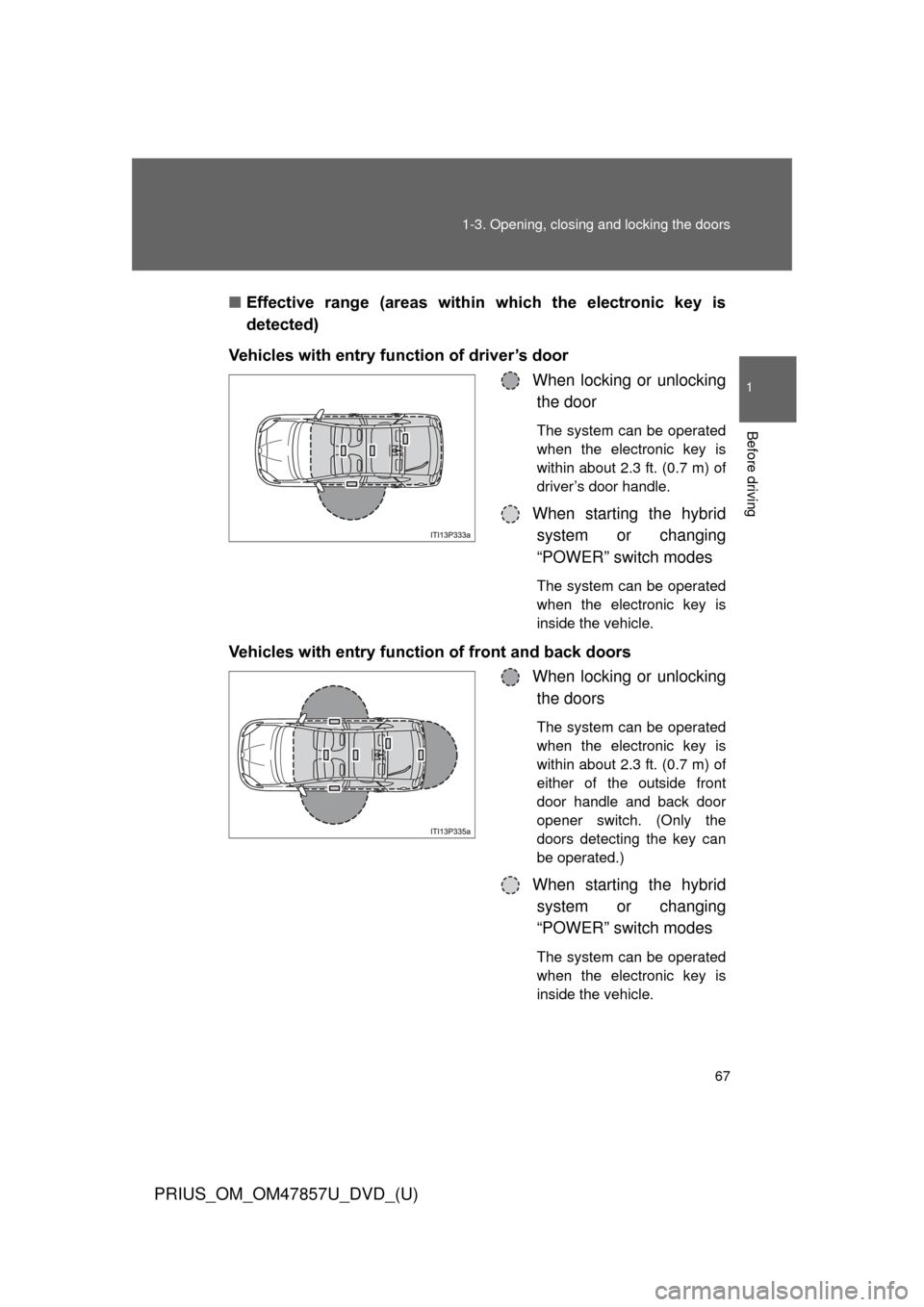 TOYOTA PRIUS 2014 3.G Owners Manual 67
1-3. Opening, closing and locking the doors
1
Before driving
PRIUS_OM_OM47857U_DVD_(U)
■
Effective  range  (areas  within  which  the  electronic  key  is
detected)
Vehicles with entry function o