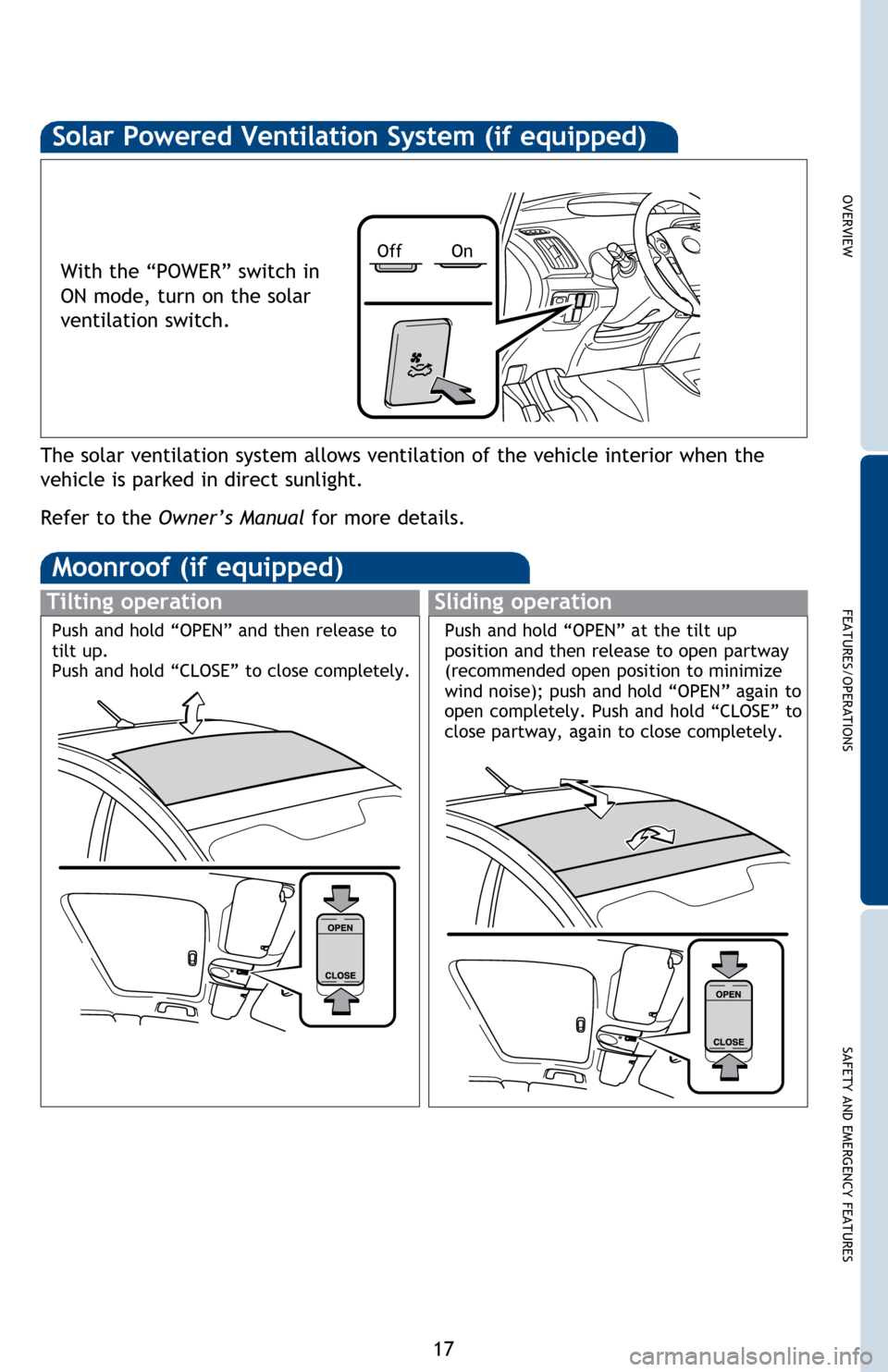 TOYOTA PRIUS 2014 3.G Quick Reference Guide OVERVIEW
FEATURES/OPERATIONS
SAFETY AND EMERGENCY FEATURES
17
Solar Powered Ventilation System (if equipped)
With the “POWER” switch in 
ON mode, turn on the solar 
ventilation switch.
The solar v