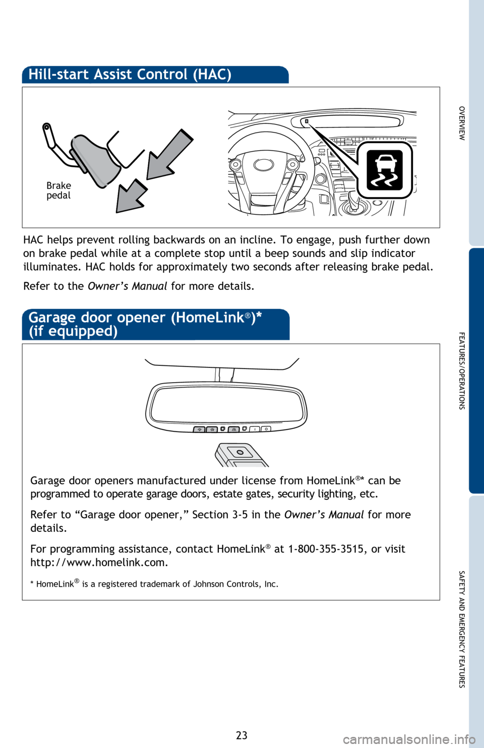 TOYOTA PRIUS 2014 3.G Quick Reference Guide OVERVIEW
FEATURES/OPERATIONS
SAFETY AND EMERGENCY FEATURES
23
HAC helps prevent rolling backwards on an incline. To engage, push further down 
on brake pedal while at a complete stop until a beep soun