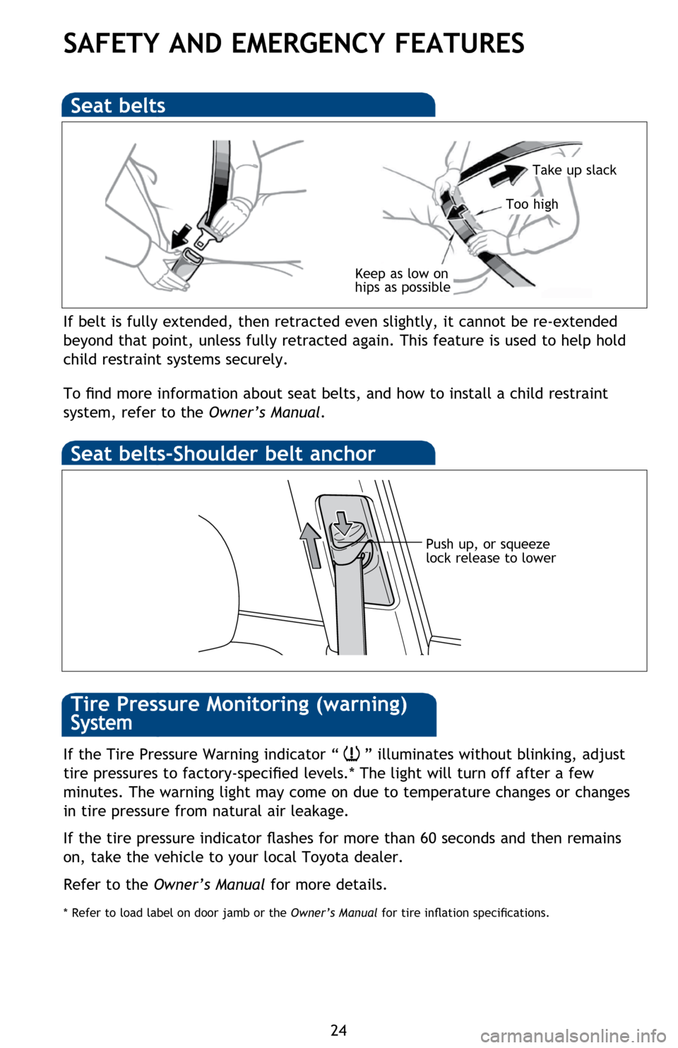 TOYOTA PRIUS 2014 3.G Quick Reference Guide 24
SAFETY AND EMERGENCY FEATURES
If belt is fully extended, then retracted even slightly, it cannot be re-extended
beyond that point, unless fully retracted again. This feature is used to help hold
TOYOTA PRIUS 2014 3.G Quick Reference Guide 24
SAFETY AND EMERGENCY FEATURES
If belt is fully extended, then retracted even slightly, it cannot be re-extended
beyond that point, unless fully retracted again. This feature is used to help hold