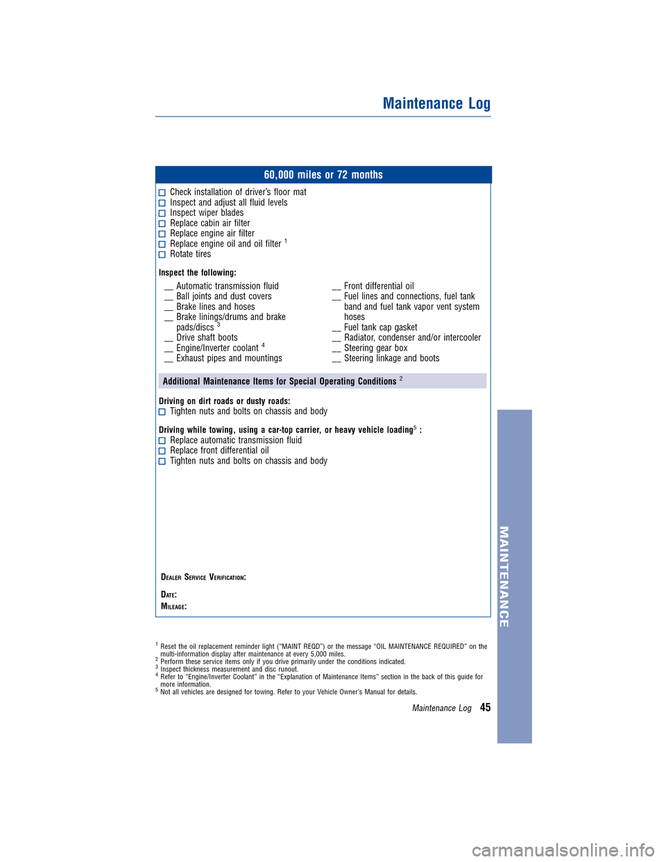 TOYOTA PRIUS 2014 3.G Warranty And Maintenance Guide JOBNAME: 1491135-2014-priWG-E PAGE: 45 SESS: 11 OUTPUT: Mon Sep 9 08:36:08 2013 
/tweddle/toyota/sched-maint/1491135-en-pri/wg
60,000 miles or 72 months
Check installation of driver’s floor matInspe