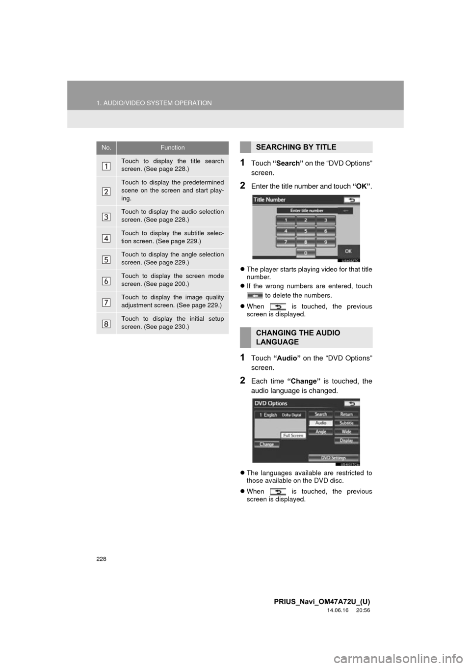 TOYOTA PRIUS 2015 4.G Navigation Manual 228
1. AUDIO/VIDEO SYSTEM OPERATION
PRIUS_Navi_OM47A72U_(U)
14.06.16 20:56
1Touch “Search” on the “DVD Options”
screen.
2Enter the title number and touch “OK”.
The player starts p TOYOTA PRIUS 2015 4.G Navigation Manual 228
1. AUDIO/VIDEO SYSTEM OPERATION
PRIUS_Navi_OM47A72U_(U)
14.06.16 20:56
1Touch “Search” on the “DVD Options”
screen.
2Enter the title number and touch “OK”.
The player starts p