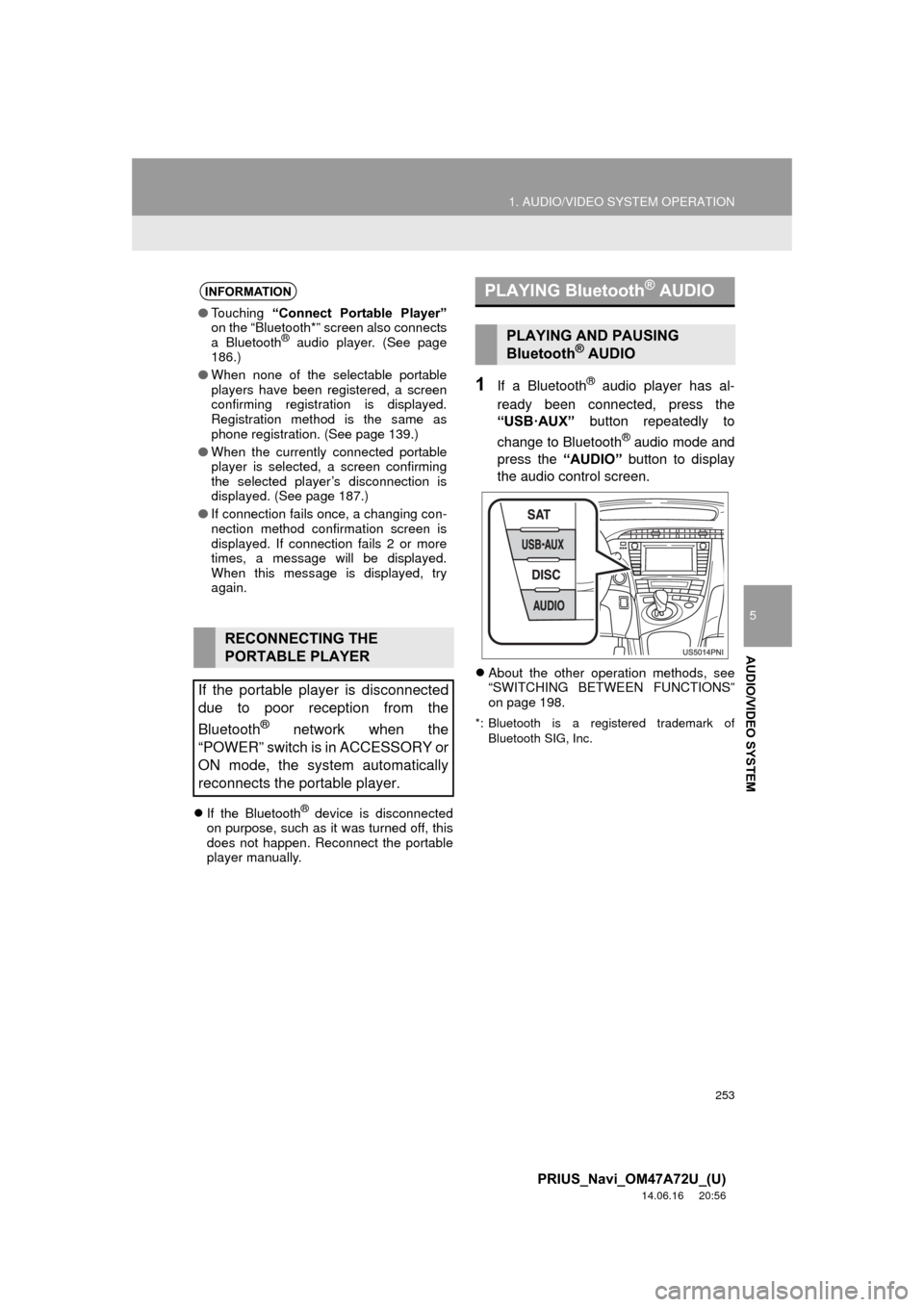 TOYOTA PRIUS 2015 4.G Navigation Manual 253
1. AUDIO/VIDEO SYSTEM OPERATION
5
AUDIO/VIDEO SYSTEM
PRIUS_Navi_OM47A72U_(U)
14.06.16 20:56
If the Bluetooth® device is disconnected
on purpose, such as it was turned off, this
does not ha TOYOTA PRIUS 2015 4.G Navigation Manual 253
1. AUDIO/VIDEO SYSTEM OPERATION
5
AUDIO/VIDEO SYSTEM
PRIUS_Navi_OM47A72U_(U)
14.06.16 20:56
If the Bluetooth® device is disconnected
on purpose, such as it was turned off, this
does not ha