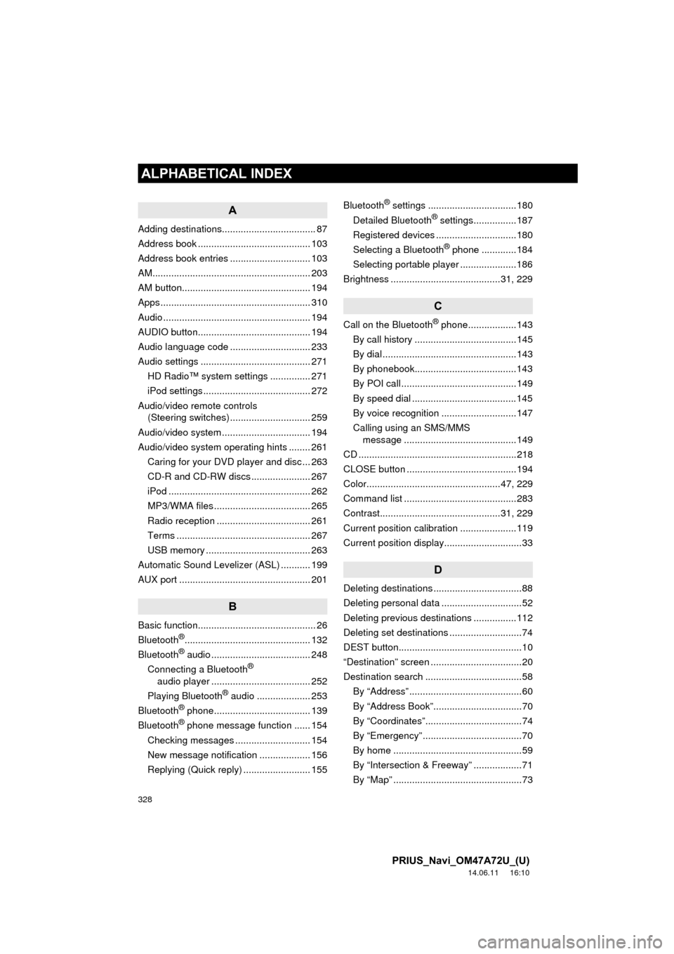 TOYOTA PRIUS 2015 4.G Navigation Manual 328
ALPHABETICAL INDEX
PRIUS_Navi_OM47A72U_(U)
14.06.11     16:10
A
Adding destinations................................... 87
Address book .......................................... 103
Address book e