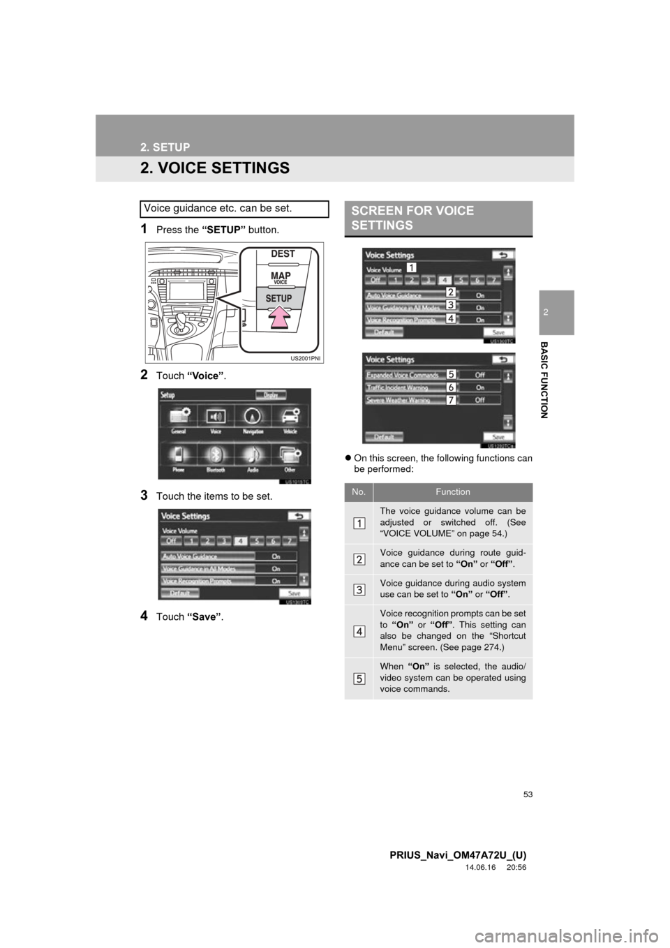 TOYOTA PRIUS 2015 4.G Navigation Manual 53
2. SETUP
2
BASIC FUNCTION
PRIUS_Navi_OM47A72U_(U)
14.06.16 20:56
2. VOICE SETTINGS
1Press the “SETUP” button.
2Touch “Voice”.
3Touch the items to be set.
4Touch “Save” .
On this TOYOTA PRIUS 2015 4.G Navigation Manual 53
2. SETUP
2
BASIC FUNCTION
PRIUS_Navi_OM47A72U_(U)
14.06.16 20:56
2. VOICE SETTINGS
1Press the “SETUP” button.
2Touch “Voice”.
3Touch the items to be set.
4Touch “Save” .
On this