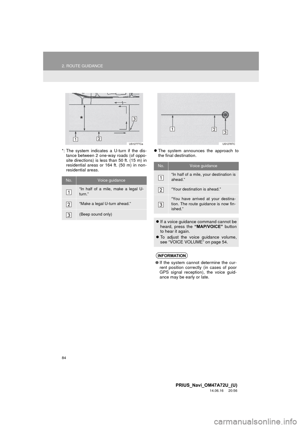 TOYOTA PRIUS 2015 4.G Navigation Manual 84
2. ROUTE GUIDANCE
PRIUS_Navi_OM47A72U_(U)
14.06.16 20:56
*: The system indicates a U-turn if the dis-tance between 2 one-way roads (of oppo-
site directions) is less than 50 ft. (15 m) in
resid TOYOTA PRIUS 2015 4.G Navigation Manual 84
2. ROUTE GUIDANCE
PRIUS_Navi_OM47A72U_(U)
14.06.16 20:56
*: The system indicates a U-turn if the dis-tance between 2 one-way roads (of oppo-
site directions) is less than 50 ft. (15 m) in
resid