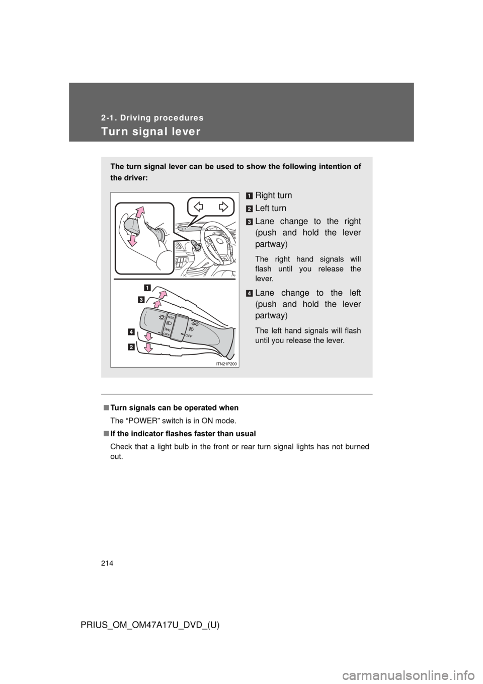 TOYOTA PRIUS 2015 4.G Owners Manual 214
2-1. Driving procedures
PRIUS_OM_OM47A17U_DVD_(U)
Tur n signal lever
■Turn signals can be operated when
The “POWER” switch is in ON mode.
■ If the indicator flashes faster than usual
Check
