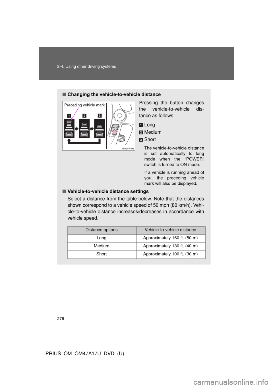 TOYOTA PRIUS 2015 4.G Owners Manual 276 2-4. Using other driving systems
PRIUS_OM_OM47A17U_DVD_(U)
■Changing the vehicle -to-vehicle distance
Pressing the button changes
the vehicle-to-vehicle dis-
tance as follows:
Long
Medium
Short
TOYOTA PRIUS 2015 4.G Owners Manual 276 2-4. Using other driving systems
PRIUS_OM_OM47A17U_DVD_(U)
■Changing the vehicle -to-vehicle distance
Pressing the button changes
the vehicle-to-vehicle dis-
tance as follows:
Long
Medium
Short