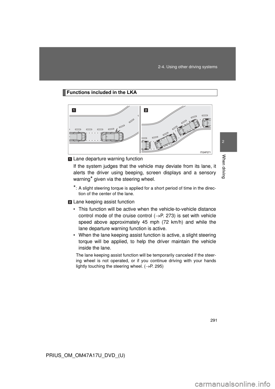 TOYOTA PRIUS 2015 4.G Owners Manual 291
2-4. Using other 
driving systems
PRIUS_OM_OM47A17U_DVD_(U)
2
When driving
Functions included in the LKA
Lane departure warning function
If the system judges th at the vehicle may deviate from its
