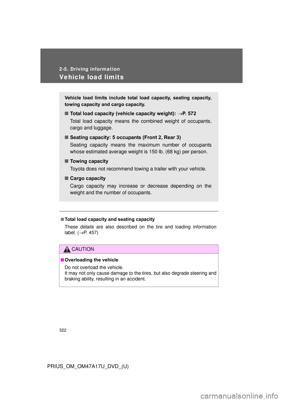 TOYOTA PRIUS 2015 4.G Owners Manual 322
2-5. Driving information
PRIUS_OM_OM47A17U_DVD_(U)
Vehicle load limits
■Total load capacity and seating capacity
These details are also described on the tire and loading information
label. (P