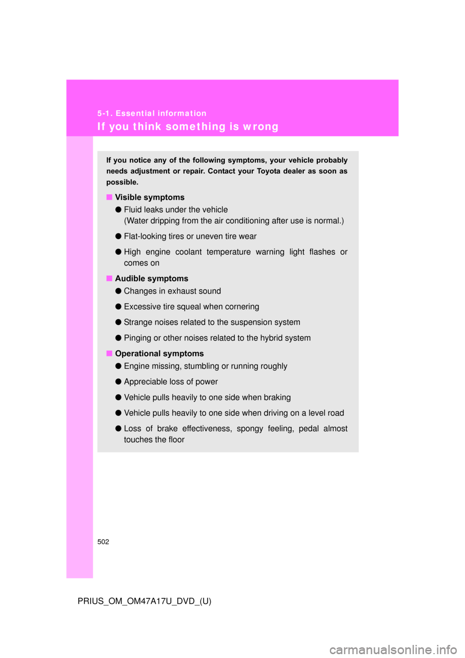 TOYOTA PRIUS 2015 4.G Owners Manual 502
5-1. Essential information
PRIUS_OM_OM47A17U_DVD_(U)
If you think something is wrong
If you notice any of the following symptoms, your vehicle probably
needs adjustment or repair. Co TOYOTA PRIUS 2015 4.G Owners Manual 502
5-1. Essential information
PRIUS_OM_OM47A17U_DVD_(U)
If you think something is wrong
If you notice any of the following symptoms, your vehicle probably
needs adjustment or repair. Co