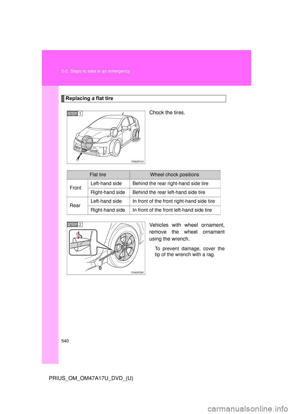 TOYOTA PRIUS 2015 4.G Owners Manual 540 5-2. Steps to take in an emergency
PRIUS_OM_OM47A17U_DVD_(U)
Replacing a flat tireChock the tires.
Vehicles with wheel ornament,
remove the wheel ornament
using the wrench.
To prevent damage, cove