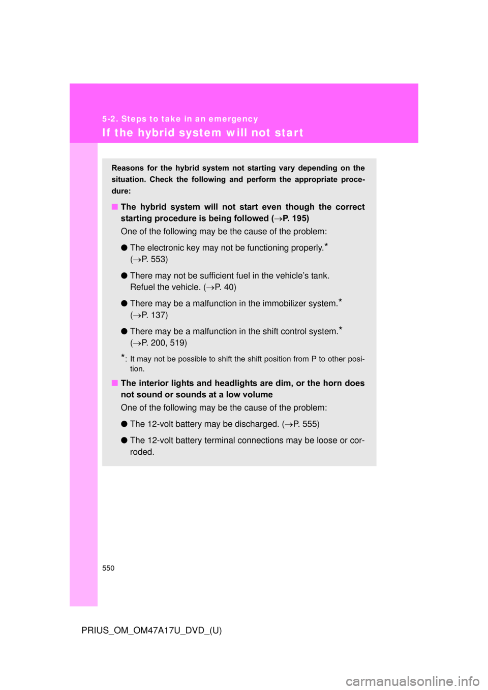TOYOTA PRIUS 2015 4.G Owners Manual 550
5-2. Steps to take in an emergency
PRIUS_OM_OM47A17U_DVD_(U)
If the hybrid system will not start
Reasons for the hybrid system not starting vary depending on the
situation. Check the f TOYOTA PRIUS 2015 4.G Owners Manual 550
5-2. Steps to take in an emergency
PRIUS_OM_OM47A17U_DVD_(U)
If the hybrid system will not start
Reasons for the hybrid system not starting vary depending on the
situation. Check the f