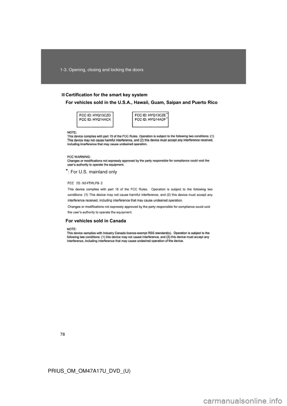 TOYOTA PRIUS 2015 4.G Manual PDF 78 1-3. Opening, closing and locking the doors
PRIUS_OM_OM47A17U_DVD_(U)
■Certification for the smart key system
For vehicles sold in the U.S.A., Ha waii, Guam, Saipan and Puerto Rico
*: For U.S. ma