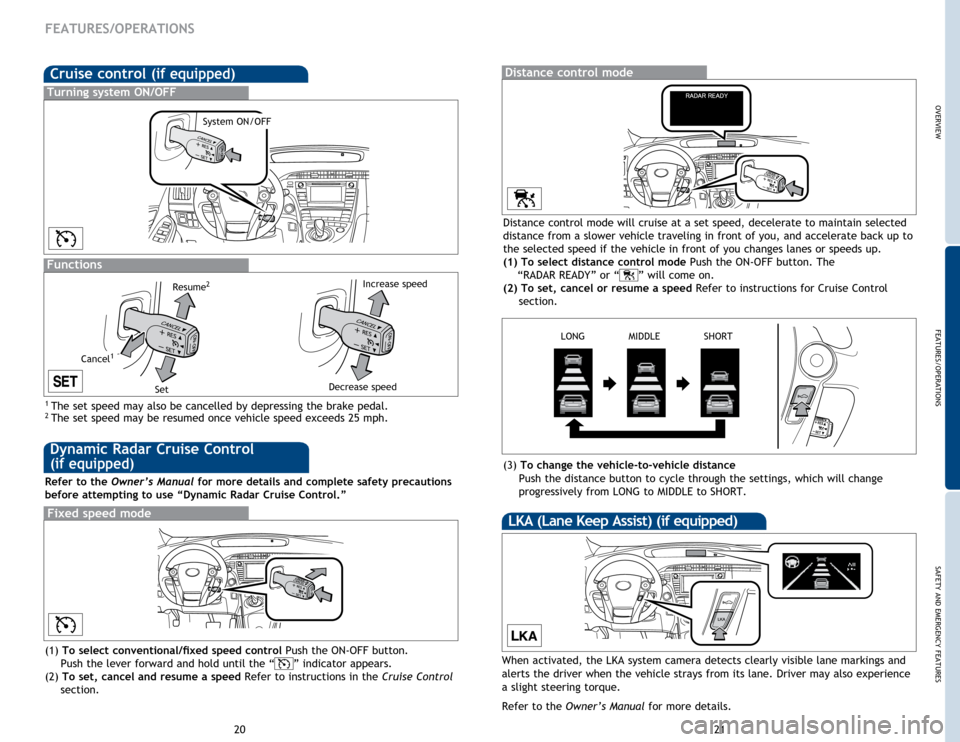 TOYOTA PRIUS 2015 4.G Quick Reference Guide OVERVIEW
FEATURES/OPERATIONS
SAFETY AND EMERGENCY FEATURES
21
20
Cruise control (if equipped)
1 The set speed may also be cancelled by depressing the brake pedal.2 The set speed may be resumed once v TOYOTA PRIUS 2015 4.G Quick Reference Guide OVERVIEW
FEATURES/OPERATIONS
SAFETY AND EMERGENCY FEATURES
21
20
Cruise control (if equipped)
1 The set speed may also be cancelled by depressing the brake pedal.2 The set speed may be resumed once v