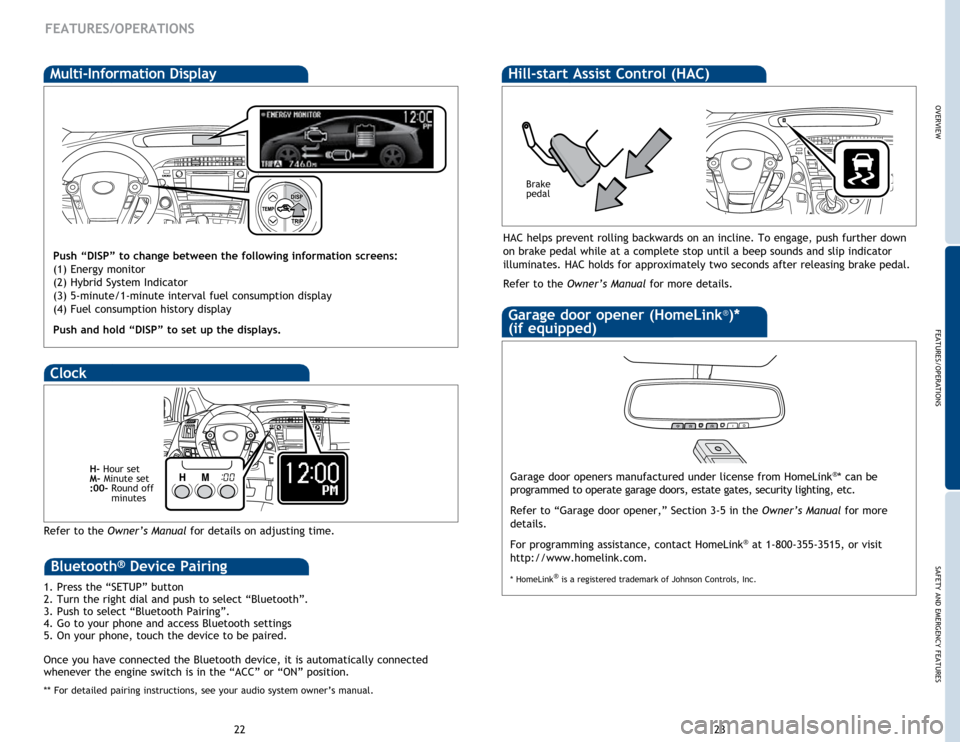 TOYOTA PRIUS 2015 4.G Quick Reference Guide OVERVIEW
FEATURES/OPERATIONS
SAFETY AND EMERGENCY FEATURES
23
22
FEATURES/OPERATIONS
Multi-Information Display
Push “DISP” to change between the following information screens:
(1) Energy monitor
TOYOTA PRIUS 2015 4.G Quick Reference Guide OVERVIEW
FEATURES/OPERATIONS
SAFETY AND EMERGENCY FEATURES
23
22
FEATURES/OPERATIONS
Multi-Information Display
Push “DISP” to change between the following information screens:
(1) Energy monitor