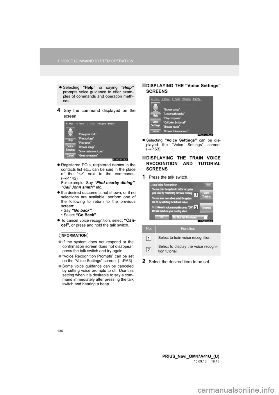 TOYOTA PRIUS 2016 4.G Navigation Manual 136
1. VOICE COMMAND SYSTEM OPERATION
PRIUS_Navi_OM47A41U_(U)
15.09.16 19:45
4Say the command displayed on the
screen.
Registered POIs, registered names in the
contacts list etc., can be said i TOYOTA PRIUS 2016 4.G Navigation Manual 136
1. VOICE COMMAND SYSTEM OPERATION
PRIUS_Navi_OM47A41U_(U)
15.09.16 19:45
4Say the command displayed on the
screen.
Registered POIs, registered names in the
contacts list etc., can be said i