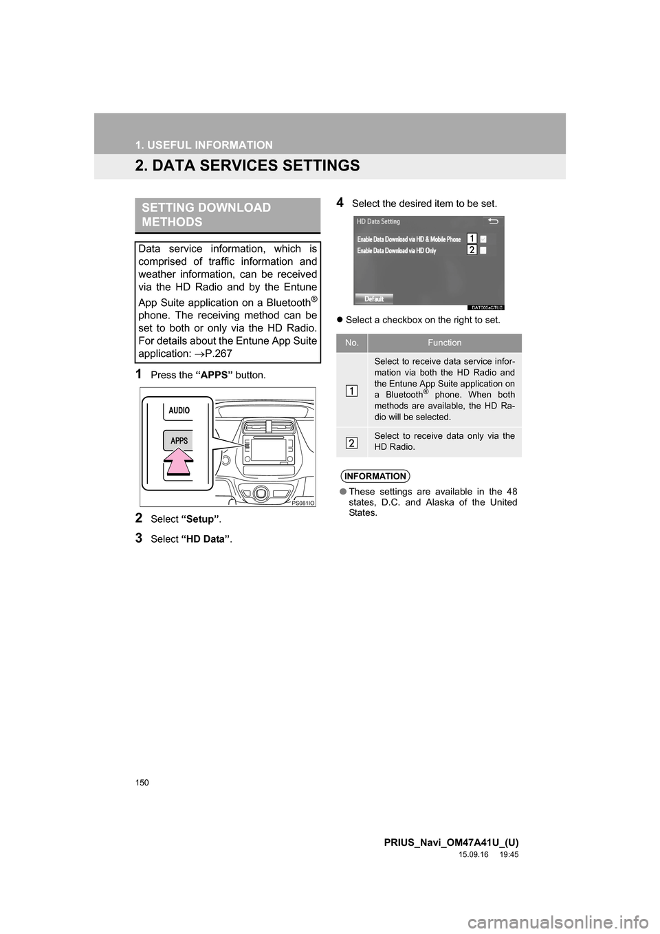 TOYOTA PRIUS 2016 4.G Navigation Manual 150
1. USEFUL INFORMATION
PRIUS_Navi_OM47A41U_(U)
15.09.16 19:45
2. DATA SERVICES SETTINGS
1Press the “APPS” button.
2Select “Setup”.
3Select “HD Data”.
4Select the desired item to be TOYOTA PRIUS 2016 4.G Navigation Manual 150
1. USEFUL INFORMATION
PRIUS_Navi_OM47A41U_(U)
15.09.16 19:45
2. DATA SERVICES SETTINGS
1Press the “APPS” button.
2Select “Setup”.
3Select “HD Data”.
4Select the desired item to be