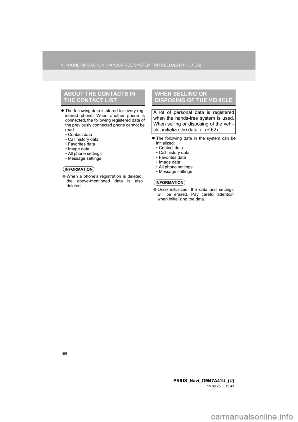 TOYOTA PRIUS 2016 4.G Navigation Manual 156
1. PHONE OPERATION (HANDS-FREE SYSTEM FOR CELLULAR PHONES)
PRIUS_Navi_OM47A41U_(U)
15.09.25 15:41
The following data is stored for every reg-
istered phone. When another phone is
connected, TOYOTA PRIUS 2016 4.G Navigation Manual 156
1. PHONE OPERATION (HANDS-FREE SYSTEM FOR CELLULAR PHONES)
PRIUS_Navi_OM47A41U_(U)
15.09.25 15:41
The following data is stored for every reg-
istered phone. When another phone is
connected,