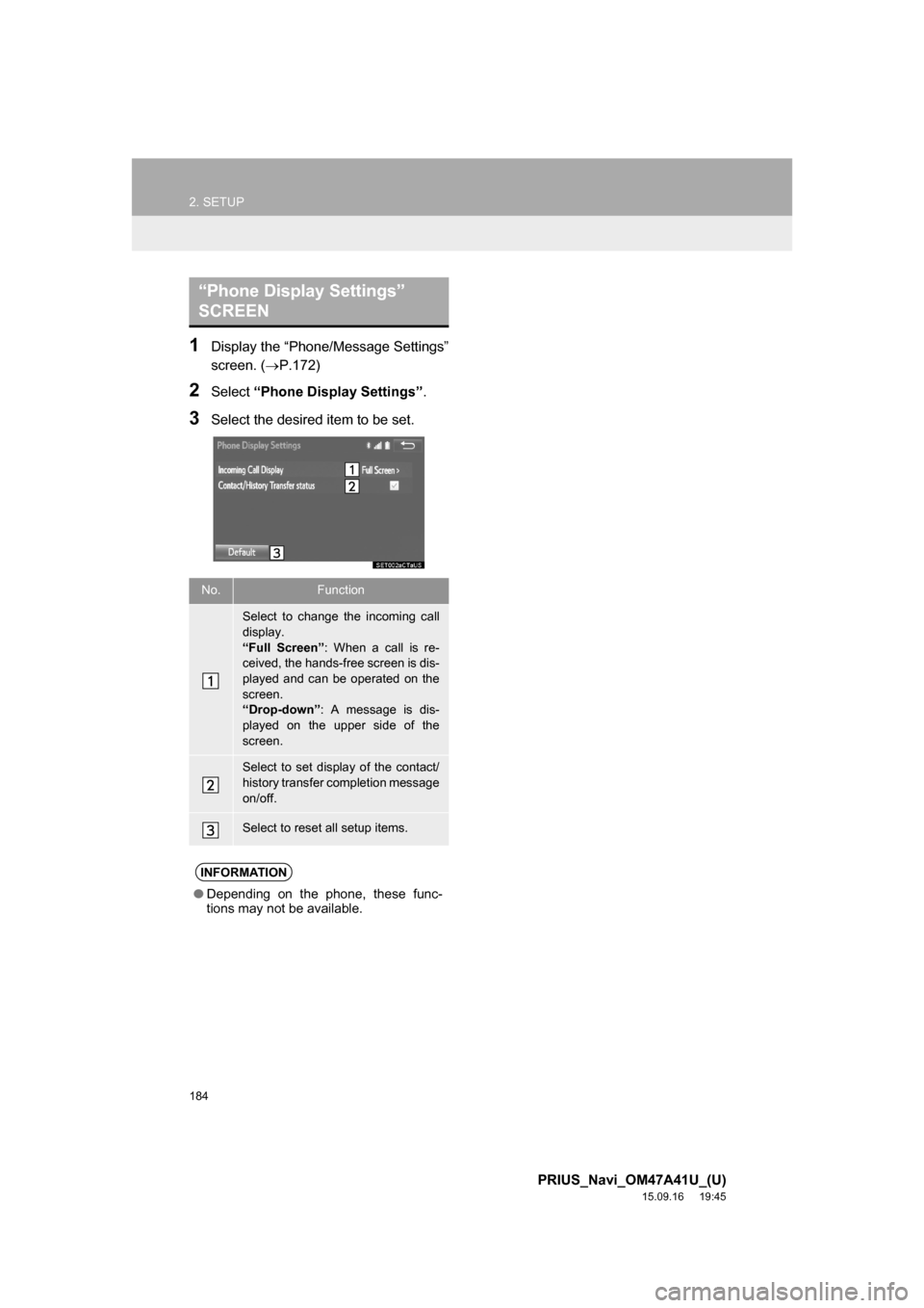 TOYOTA PRIUS 2016 4.G Navigation Manual 184
2. SETUP
PRIUS_Navi_OM47A41U_(U)
15.09.16 19:45
1Display the “Phone/Message Settings”
screen. (P.172)
2Select “Phone Display Settings”.
3Select the desired item to be set.
“Phone TOYOTA PRIUS 2016 4.G Navigation Manual 184
2. SETUP
PRIUS_Navi_OM47A41U_(U)
15.09.16 19:45
1Display the “Phone/Message Settings”
screen. (P.172)
2Select “Phone Display Settings”.
3Select the desired item to be set.
“Phone