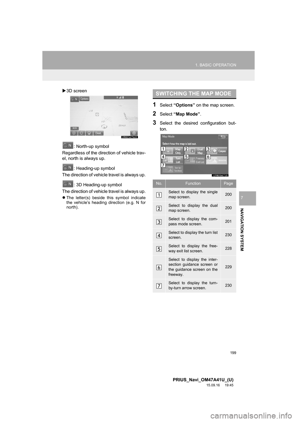 TOYOTA PRIUS 2016 4.G Navigation Manual 199
1. BASIC OPERATION
PRIUS_Navi_OM47A41U_(U)
15.09.16 19:45
NAVIGATION SYSTEM
7
3D screen
: North-up symbol
Regardless of the direction of vehicle trav-
el, north is always up.
: Heading-up s TOYOTA PRIUS 2016 4.G Navigation Manual 199
1. BASIC OPERATION
PRIUS_Navi_OM47A41U_(U)
15.09.16 19:45
NAVIGATION SYSTEM
7
3D screen
: North-up symbol
Regardless of the direction of vehicle trav-
el, north is always up.
: Heading-up s