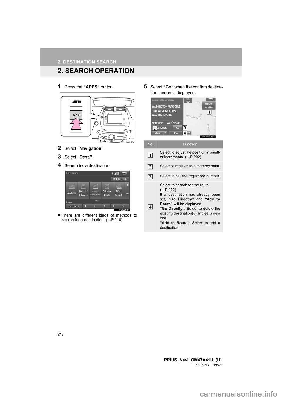 TOYOTA PRIUS 2016 4.G Navigation Manual 212
2. DESTINATION SEARCH
PRIUS_Navi_OM47A41U_(U)
15.09.16 19:45
2. SEARCH OPERATION
1Press the “APPS” button.
2Select “Navigation”.
3Select “Dest.”.
4Search for a destination.
Ther TOYOTA PRIUS 2016 4.G Navigation Manual 212
2. DESTINATION SEARCH
PRIUS_Navi_OM47A41U_(U)
15.09.16 19:45
2. SEARCH OPERATION
1Press the “APPS” button.
2Select “Navigation”.
3Select “Dest.”.
4Search for a destination.
Ther