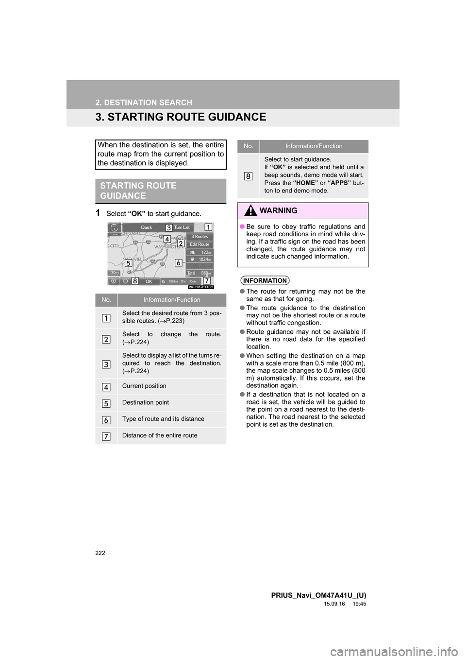 TOYOTA PRIUS 2016 4.G Navigation Manual 222
2. DESTINATION SEARCH
PRIUS_Navi_OM47A41U_(U)
15.09.16 19:45
3. STARTING ROUTE GUIDANCE
1Select “OK” to start guidance.
When the destination is set, the entire
route map from the current p TOYOTA PRIUS 2016 4.G Navigation Manual 222
2. DESTINATION SEARCH
PRIUS_Navi_OM47A41U_(U)
15.09.16 19:45
3. STARTING ROUTE GUIDANCE
1Select “OK” to start guidance.
When the destination is set, the entire
route map from the current p