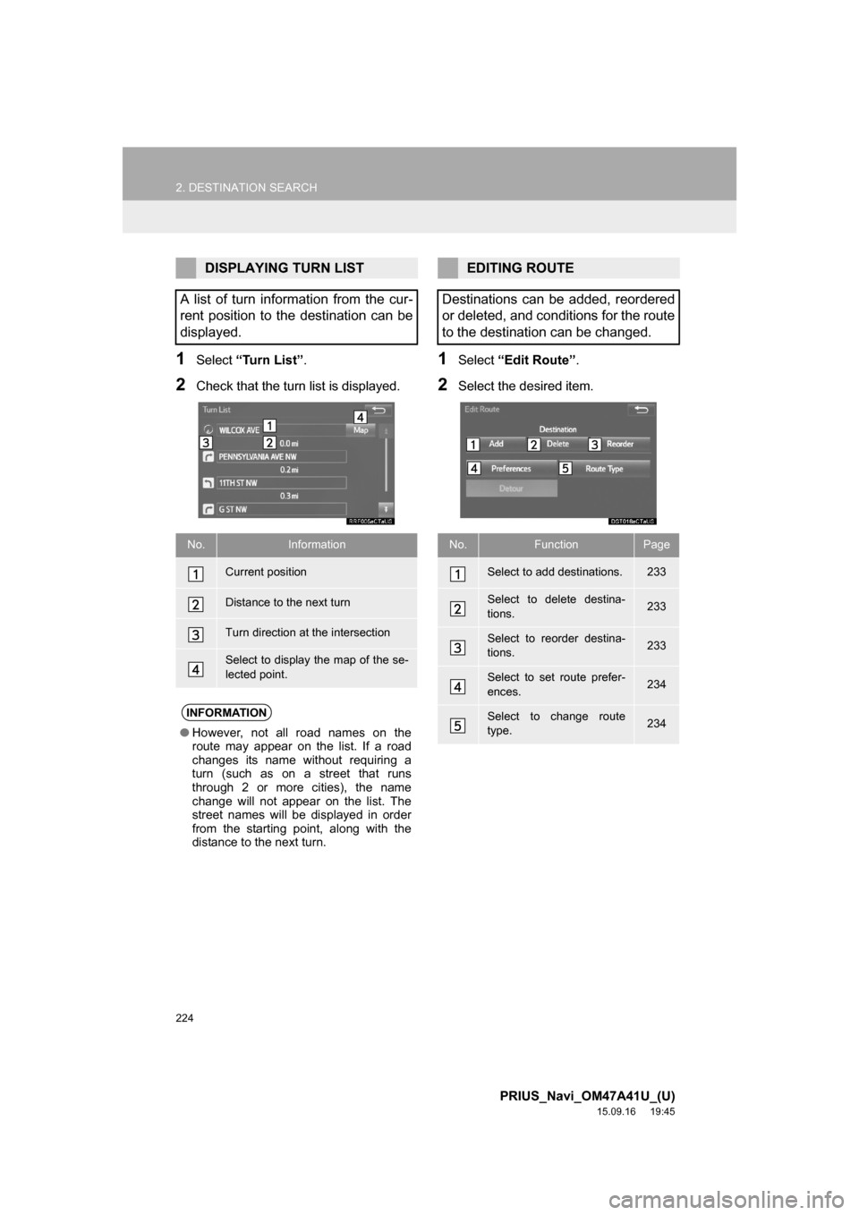 TOYOTA PRIUS 2016 4.G Navigation Manual 224
2. DESTINATION SEARCH
PRIUS_Navi_OM47A41U_(U)
15.09.16 19:45
1Select “Turn List”.
2Check that the turn list is displayed.
1Select “Edit Route”.
2Select the desired item.
DISPLAYING TUR TOYOTA PRIUS 2016 4.G Navigation Manual 224
2. DESTINATION SEARCH
PRIUS_Navi_OM47A41U_(U)
15.09.16 19:45
1Select “Turn List”.
2Check that the turn list is displayed.
1Select “Edit Route”.
2Select the desired item.
DISPLAYING TUR
