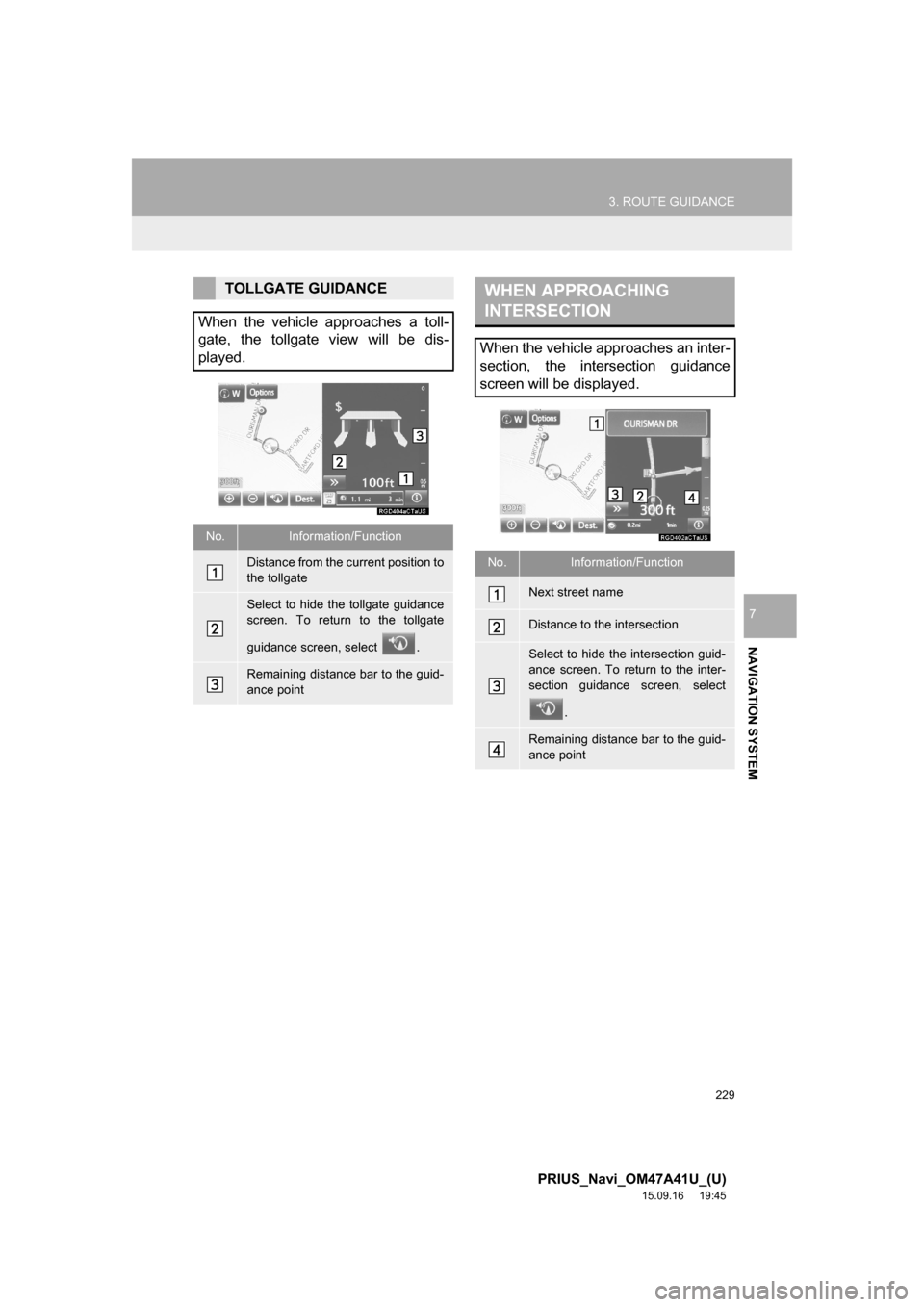 TOYOTA PRIUS 2016 4.G Navigation Manual 229
3. ROUTE GUIDANCE
PRIUS_Navi_OM47A41U_(U)
15.09.16 19:45
NAVIGATION SYSTEM
7
TOLLGATE GUIDANCE
When the vehicle approaches a toll-
gate, the tollgate view will be dis-
played.
No.Information/F TOYOTA PRIUS 2016 4.G Navigation Manual 229
3. ROUTE GUIDANCE
PRIUS_Navi_OM47A41U_(U)
15.09.16 19:45
NAVIGATION SYSTEM
7
TOLLGATE GUIDANCE
When the vehicle approaches a toll-
gate, the tollgate view will be dis-
played.
No.Information/F