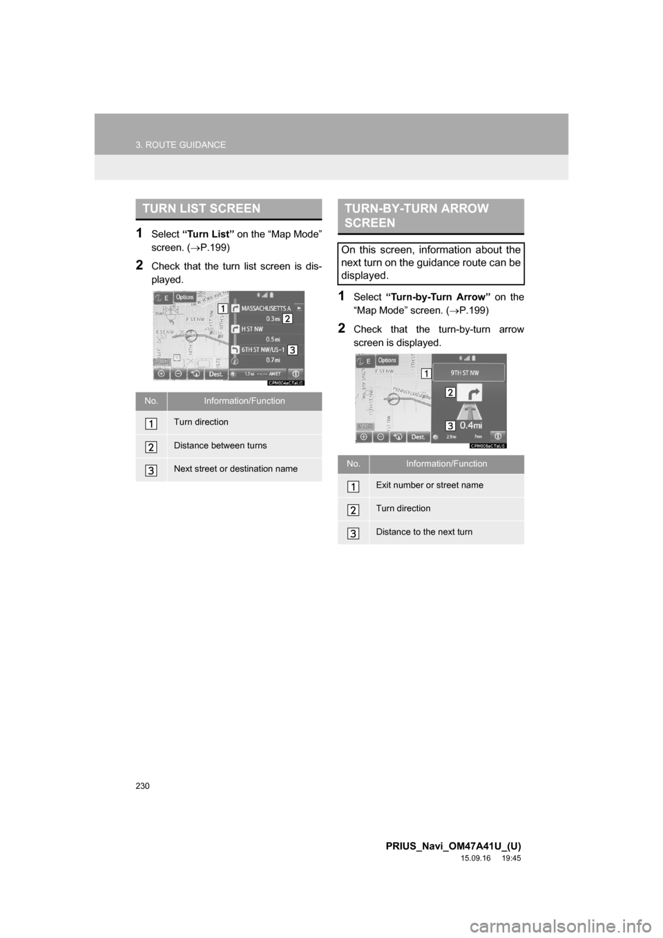 TOYOTA PRIUS 2016 4.G Navigation Manual 230
3. ROUTE GUIDANCE
PRIUS_Navi_OM47A41U_(U)
15.09.16 19:45
1Select “Turn List” on the “Map Mode”
screen. (P.199)
2Check that the turn list screen is dis-
played.
1Select “Turn-by-Tu TOYOTA PRIUS 2016 4.G Navigation Manual 230
3. ROUTE GUIDANCE
PRIUS_Navi_OM47A41U_(U)
15.09.16 19:45
1Select “Turn List” on the “Map Mode”
screen. (P.199)
2Check that the turn list screen is dis-
played.
1Select “Turn-by-Tu