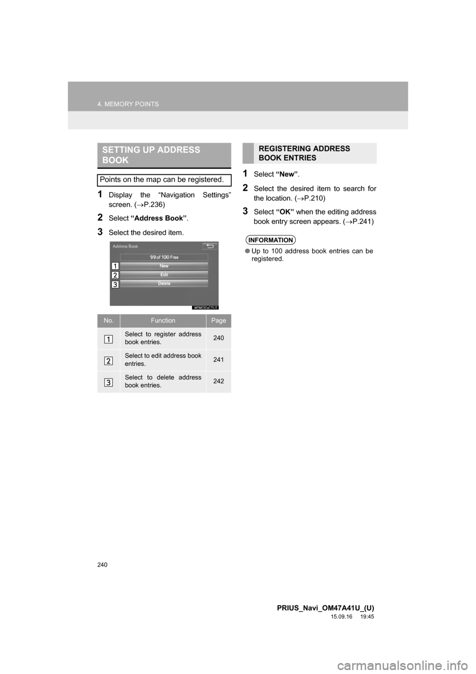 TOYOTA PRIUS 2016 4.G Navigation Manual 240
4. MEMORY POINTS
PRIUS_Navi_OM47A41U_(U)
15.09.16 19:45
1Display the “Navigation Settings”
screen. (P.236)
2Select “Address Book”.
3Select the desired item.
1Select “New”.
2Sele TOYOTA PRIUS 2016 4.G Navigation Manual 240
4. MEMORY POINTS
PRIUS_Navi_OM47A41U_(U)
15.09.16 19:45
1Display the “Navigation Settings”
screen. (P.236)
2Select “Address Book”.
3Select the desired item.
1Select “New”.
2Sele