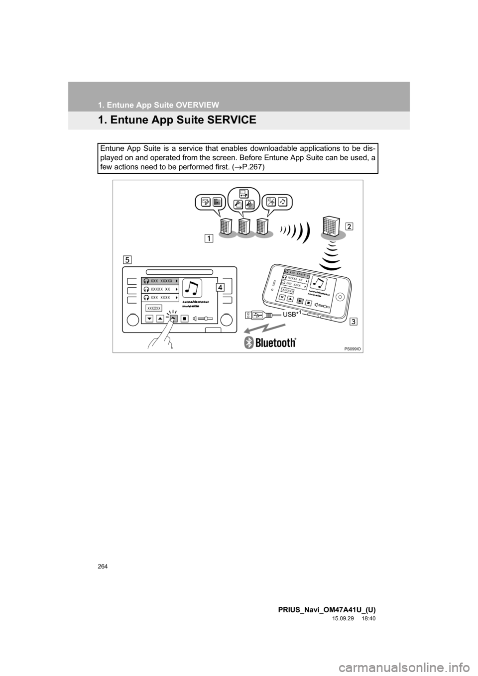 TOYOTA PRIUS 2016 4.G Navigation Manual 264
PRIUS_Navi_OM47A41U_(U)
15.09.29 18:40
1. Entune App Suite OVERVIEW
1. Entune App Suite SERVICE
Entune App Suite is a service that enables downloadable applications to be dis-
played on and op TOYOTA PRIUS 2016 4.G Navigation Manual 264
PRIUS_Navi_OM47A41U_(U)
15.09.29 18:40
1. Entune App Suite OVERVIEW
1. Entune App Suite SERVICE
Entune App Suite is a service that enables downloadable applications to be dis-
played on and op