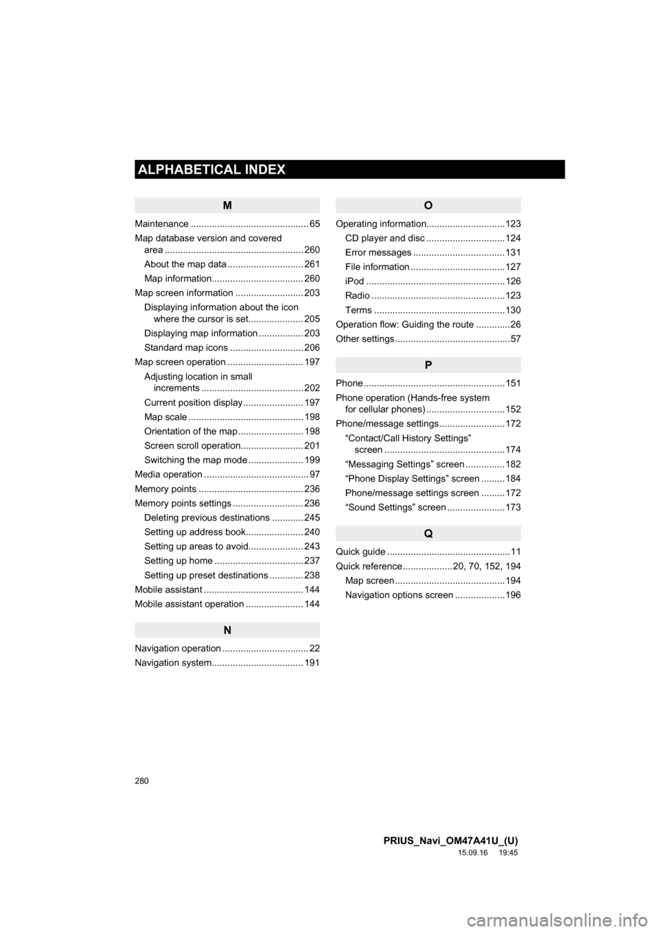 TOYOTA PRIUS 2016 4.G Navigation Manual 280
ALPHABETICAL INDEX
PRIUS_Navi_OM47A41U_(U)
15.09.16 19:45
M
Maintenance ............................................. 65
Map database version and covered
area ................................ TOYOTA PRIUS 2016 4.G Navigation Manual 280
ALPHABETICAL INDEX
PRIUS_Navi_OM47A41U_(U)
15.09.16 19:45
M
Maintenance ............................................. 65
Map database version and covered
area ................................