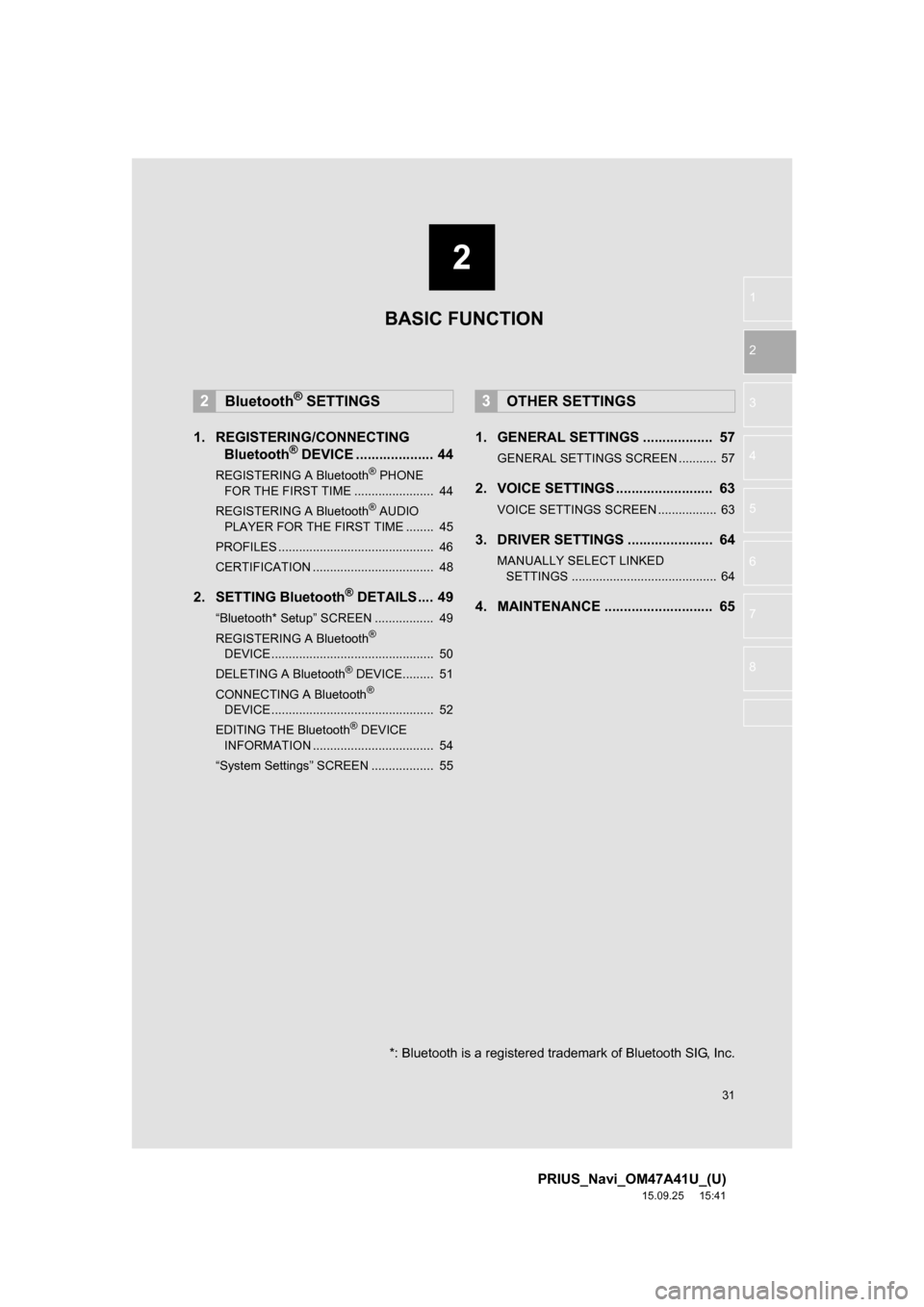 TOYOTA PRIUS 2016 4.G Navigation Manual 2
31
PRIUS_Navi_OM47A41U_(U)
15.09.25 15:41
1
2
3
4
5
6
7
8
1. REGISTERING/CONNECTING
Bluetooth® DEVICE .................... 44
REGISTERING A Bluetooth® PHONE
FOR THE FIRST TIME .............. TOYOTA PRIUS 2016 4.G Navigation Manual 2
31
PRIUS_Navi_OM47A41U_(U)
15.09.25 15:41
1
2
3
4
5
6
7
8
1. REGISTERING/CONNECTING
Bluetooth® DEVICE .................... 44
REGISTERING A Bluetooth® PHONE
FOR THE FIRST TIME ..............
