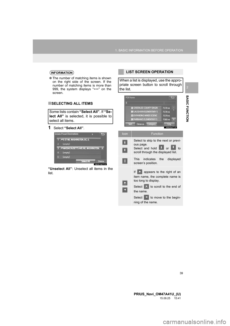 TOYOTA PRIUS 2016 4.G Navigation Manual 39
1. BASIC INFORMATION BEFORE OPERATION
PRIUS_Navi_OM47A41U_(U)
15.09.25 15:41
BASIC FUNCTION
2
■SELECTING ALL ITEMS
1Select “Select All”.
“Unselect All”: Unselect all items in the
list TOYOTA PRIUS 2016 4.G Navigation Manual 39
1. BASIC INFORMATION BEFORE OPERATION
PRIUS_Navi_OM47A41U_(U)
15.09.25 15:41
BASIC FUNCTION
2
■SELECTING ALL ITEMS
1Select “Select All”.
“Unselect All”: Unselect all items in the
list
