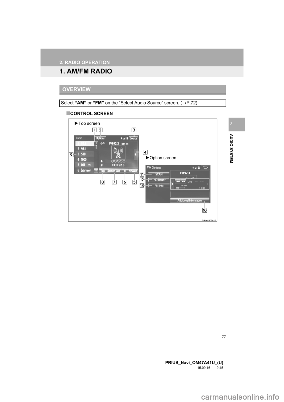 TOYOTA PRIUS 2016 4.G Navigation Manual 77
PRIUS_Navi_OM47A41U_(U)
15.09.16     19:45
AUDIO SYSTEM
3
2. RADIO OPERATION
1. AM/FM RADIO
■CONTROL SCREEN
OVERVIEW
Select “AM” or “FM” on the “Select Audio Source” screen. (P.72)