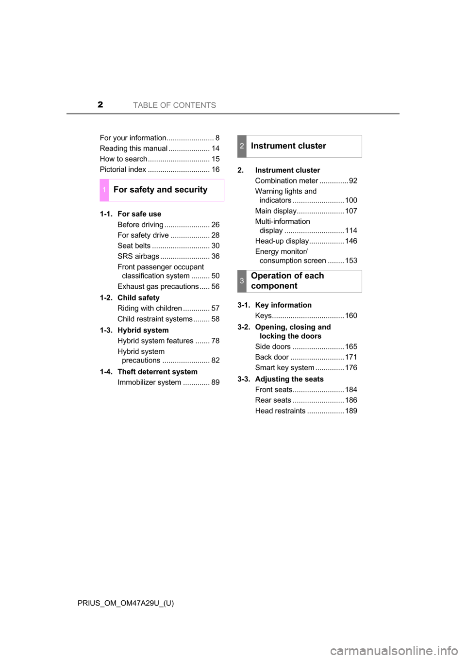 TOYOTA PRIUS 2016 4.G Owners Manual TABLE OF CONTENTS2
PRIUS_OM_OM47A29U_(U)For your information....................... 8
Reading this manual .................... 14
How to search .............................. 15
Pictorial index ...... TOYOTA PRIUS 2016 4.G Owners Manual TABLE OF CONTENTS2
PRIUS_OM_OM47A29U_(U)For your information....................... 8
Reading this manual .................... 14
How to search .............................. 15
Pictorial index ......