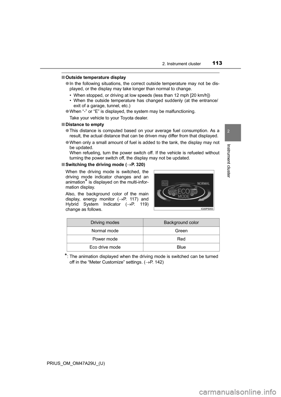 TOYOTA PRIUS 2016 4.G Owners Manual PRIUS_OM_OM47A29U_(U)
1132. Instrument cluster
2
Instrument cluster
■Outside temperature display
●In the following situations, the correct outside temperature may not be dis-
played, or the displa TOYOTA PRIUS 2016 4.G Owners Manual PRIUS_OM_OM47A29U_(U)
1132. Instrument cluster
2
Instrument cluster
■Outside temperature display
●In the following situations, the correct outside temperature may not be dis-
played, or the displa