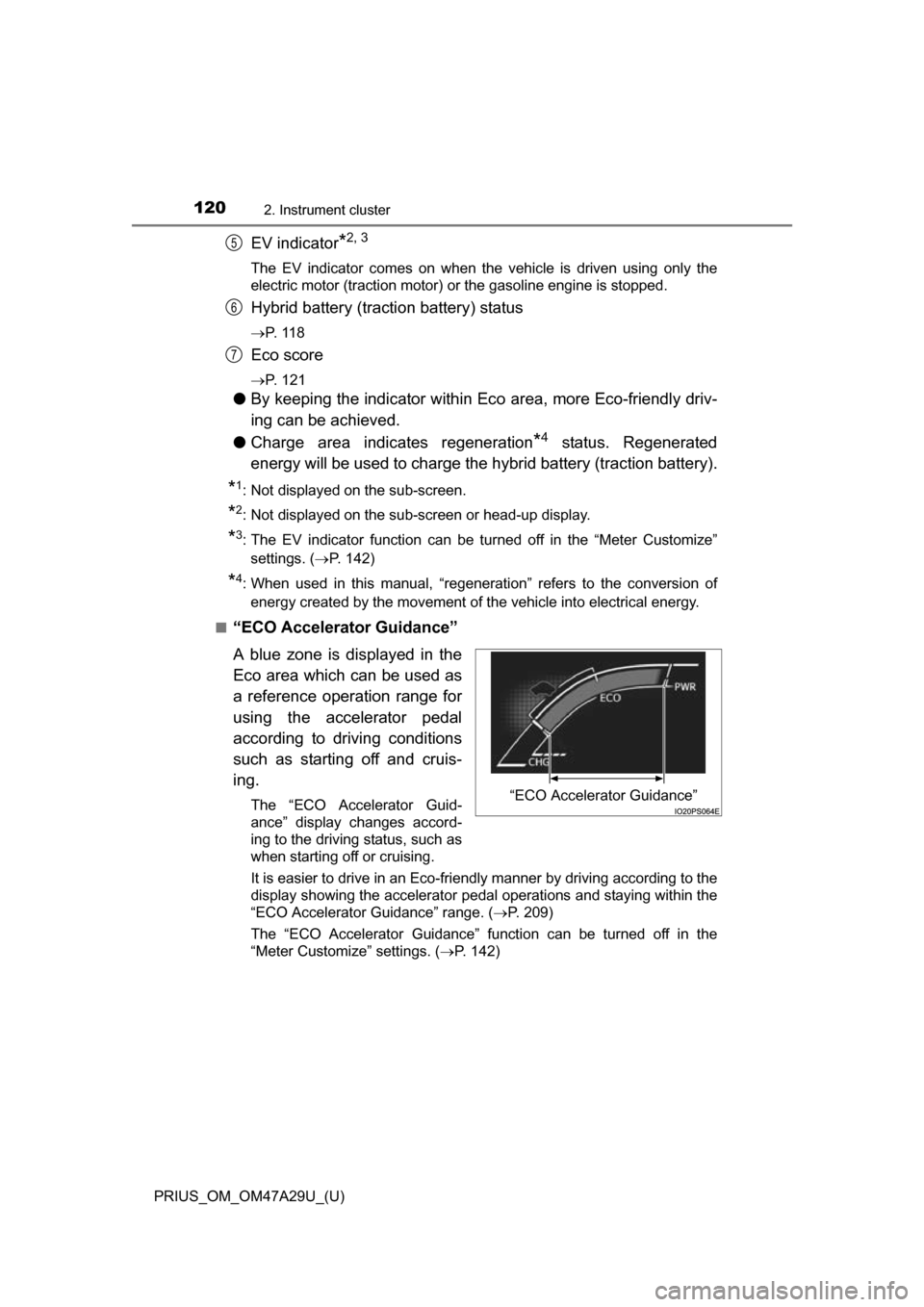 TOYOTA PRIUS 2016 4.G Owners Manual 120
PRIUS_OM_OM47A29U_(U)
2. Instrument cluster
EV indicator*2, 3
The EV indicator comes on when the vehicle is driven using only the
electric motor (traction motor) or the gasoline engine is stopped. TOYOTA PRIUS 2016 4.G Owners Manual 120
PRIUS_OM_OM47A29U_(U)
2. Instrument cluster
EV indicator*2, 3
The EV indicator comes on when the vehicle is driven using only the
electric motor (traction motor) or the gasoline engine is stopped.