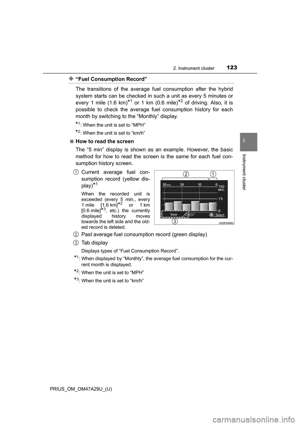 TOYOTA PRIUS 2016 4.G Owners Manual PRIUS_OM_OM47A29U_(U)
1232. Instrument cluster
2
Instrument cluster
◆“Fuel Consumption Record”
The transitions of the average fuel consumption after the hybrid
system starts can be checked in s TOYOTA PRIUS 2016 4.G Owners Manual PRIUS_OM_OM47A29U_(U)
1232. Instrument cluster
2
Instrument cluster
◆“Fuel Consumption Record”
The transitions of the average fuel consumption after the hybrid
system starts can be checked in s