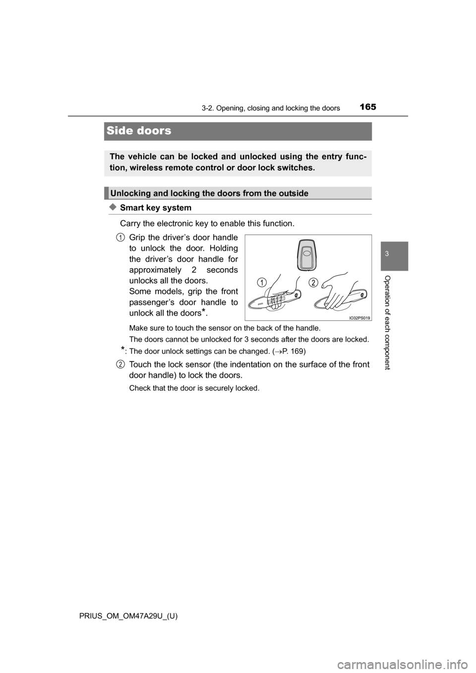 TOYOTA PRIUS 2016 4.G Owners Manual 165
PRIUS_OM_OM47A29U_(U)
3-2. Opening, closing and locking the doors
3
Operation of each component
Side doors
◆Smart key system 
Carry the electronic key to enable this function.Grip the driver’s