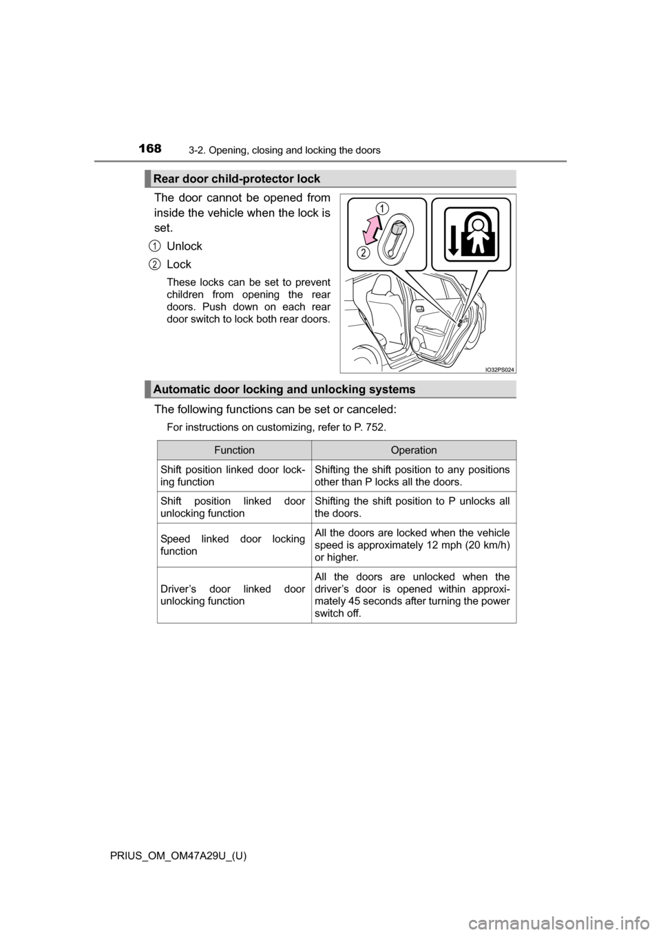 TOYOTA PRIUS 2016 4.G Owners Manual 168
PRIUS_OM_OM47A29U_(U)
3-2. Opening, closing and locking the doors
The door cannot be opened from
inside the vehicle when the lock is
set.Unlock
Lock
These locks can be set to prevent
children from TOYOTA PRIUS 2016 4.G Owners Manual 168
PRIUS_OM_OM47A29U_(U)
3-2. Opening, closing and locking the doors
The door cannot be opened from
inside the vehicle when the lock is
set.Unlock
Lock
These locks can be set to prevent
children from