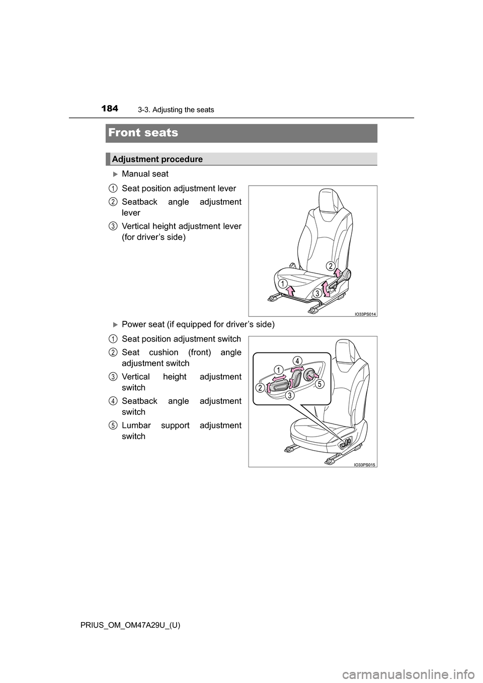 TOYOTA PRIUS 2016 4.G Owners Manual 184
PRIUS_OM_OM47A29U_(U)
3-3. Adjusting the seats
Front seats
Manual seat
Seat position adjustment lever
Seatback angle adjustment
lever
Vertical height adjustment lever
(for driver’s side)
P