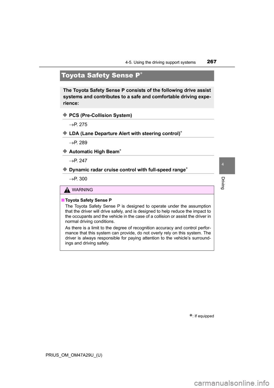 TOYOTA PRIUS 2016 4.G Owners Manual 267
PRIUS_OM_OM47A29U_(U)
4-5. Using the driving support systems
4
Driving
Toyota Safety Sense P
◆PCS (Pre-Collision System)
P. 2 7 5
◆LDA (Lane Departure Alert with steering control)
TOYOTA PRIUS 2016 4.G Owners Manual 267
PRIUS_OM_OM47A29U_(U)
4-5. Using the driving support systems
4
Driving
Toyota Safety Sense P
◆PCS (Pre-Collision System)
P. 2 7 5
◆LDA (Lane Departure Alert with steering control)