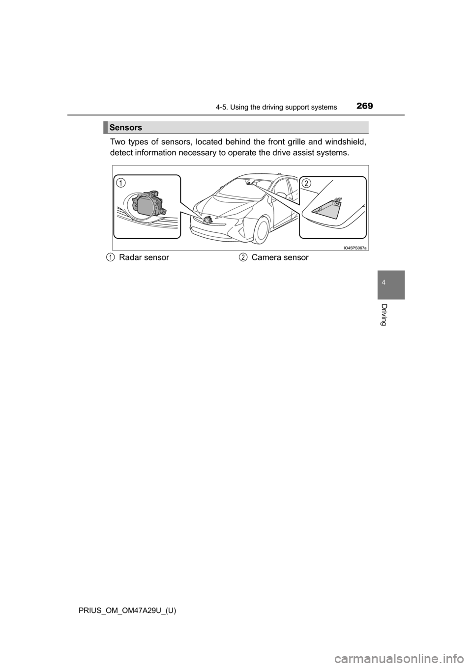 TOYOTA PRIUS 2016 4.G Owners Manual PRIUS_OM_OM47A29U_(U)
2694-5. Using the driving support systems
4
Driving
Two types of sensors, located behin d the front grille and windshield,
detect information necessary to operate the drive assi TOYOTA PRIUS 2016 4.G Owners Manual PRIUS_OM_OM47A29U_(U)
2694-5. Using the driving support systems
4
Driving
Two types of sensors, located behin d the front grille and windshield,
detect information necessary to operate the drive assi