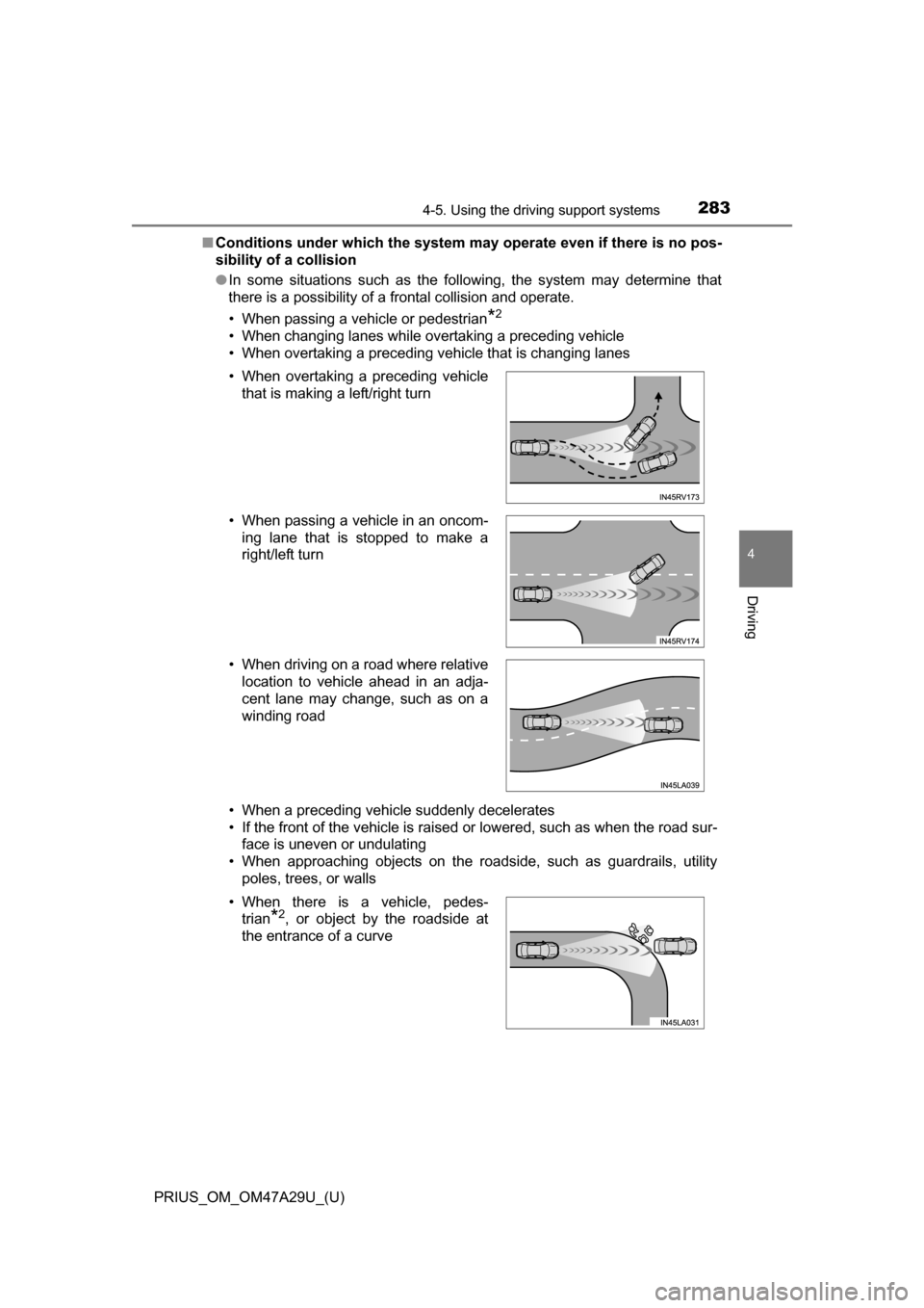 TOYOTA PRIUS 2016 4.G Owners Manual PRIUS_OM_OM47A29U_(U)
2834-5. Using the driving support systems
4
Driving
■Conditions under which the system ma y operate even if there is no pos-
sibility of a collision
● In some situations such TOYOTA PRIUS 2016 4.G Owners Manual PRIUS_OM_OM47A29U_(U)
2834-5. Using the driving support systems
4
Driving
■Conditions under which the system ma y operate even if there is no pos-
sibility of a collision
● In some situations such